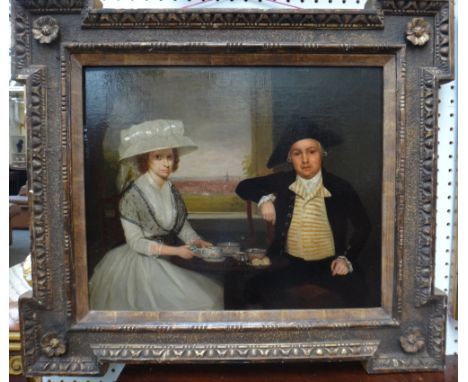 Circle of John Thomas Seton, portrait of a lady and gentleman, seated by a window with a landscape beyond, oil on canvas, 43c