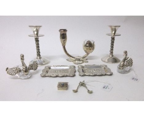 Foreign and mostly plated wares, comprising; a pair of glass models of swans, detailed '835', a pair of salt spoons, a square