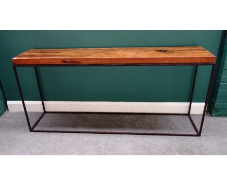 A mid-20th century console table, the rectangular coromandel top on a bronzed metal box tube base, 176cm wide x 80cm high.