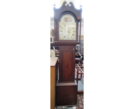 An oak longcase clock, 19th century, the painted dial detailed 'Samuel Esau Presteigne', with subsidiary seconds dial and dat