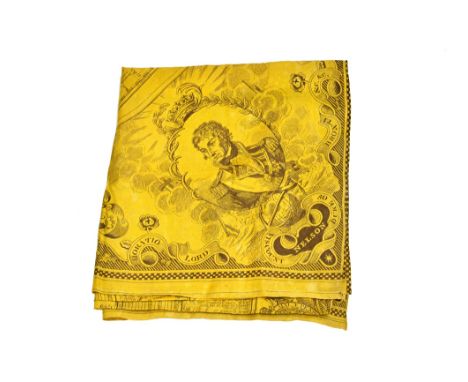 A George III commemorative silk scarf, 19th century, yellow ground printed with a spiral of dates and achievements from 'acce