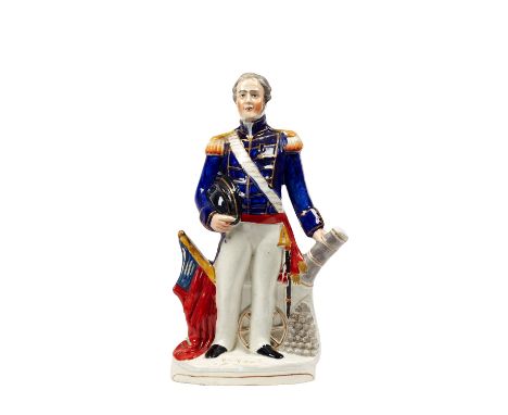 A Staffordshire portrait figure of 'Dundas', late 19th century, polychrome painted with flag and cannon atop a titled base, 3
