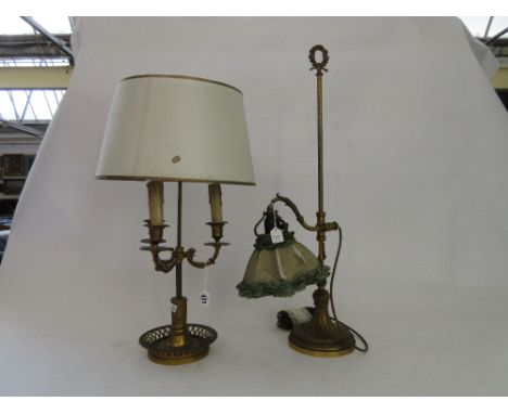 A Victorian style bouillotte table lamp, with three sconces and adjustable shade, 59cm high, and one further brass table lamp