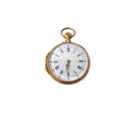 A lady's gold cased, keyless wind, openfaced fob watch, with an unsigned gilt jewelled lever movement, the enamelled dial wit