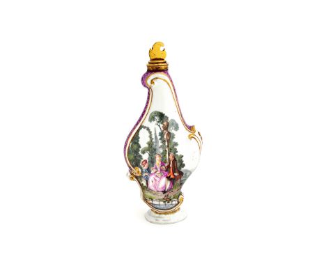 A Meissen gilt metal mounted rococo scroll moulded scent flask and stopper, circa 1745-50, the mount and stopper probably 19t