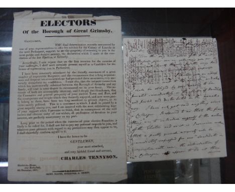 PARLIAMENTARY ELECTION - Great Grimsby, 1818; autograph letter of Charles Tennyson (later Tennyson-D'Eyncourt) relating to hi