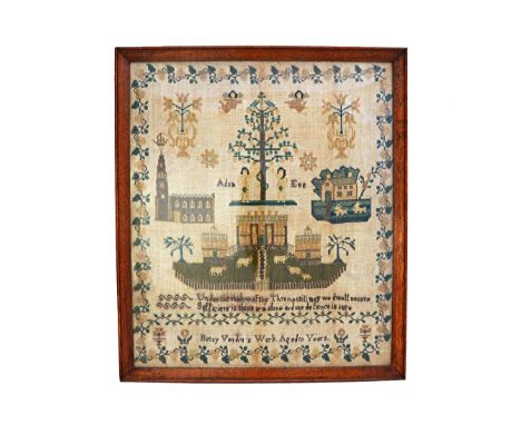A Victorian needlework sampler, by Betsy Verdin, early 19th century, decorated with Adam and Eve flanking The Tree of Life, s