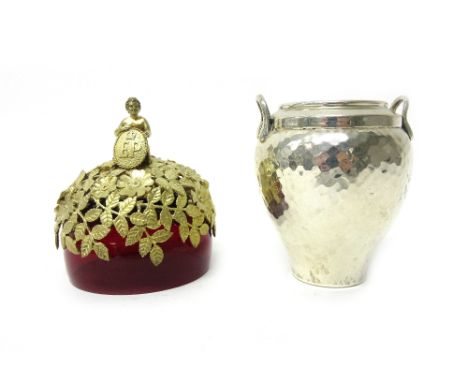 An Aurum silver gilt mounted red glass limited edition pot pourri bowl with a detachable silver gilt cover, the red glass bod