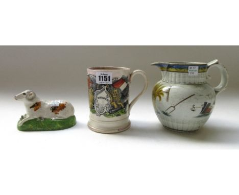 A Sunderland lustreware 'Crimea' frog mug,  19th century, 12cm high, an early 19th century Staffordshire pearlware jug decora