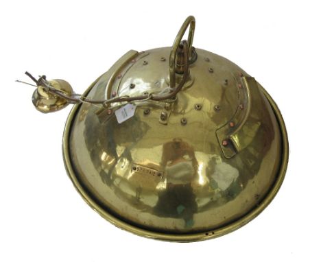 A pair of brass industrial ceiling lights, 20th century, of vented domed circular form with internal four light fitment, 45cm