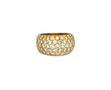 A French Van Cleef & Arpels gold and diamond set ring, mounted with five rows of circular cut diamonds in a raised bombe desi