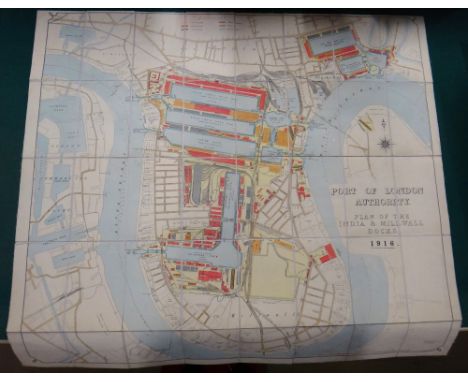 PORT OF LONDON AUTHORITY - Plan of the India & Millwall Docks, 1916.  hand-coloured, 68 x 77cms., folded on linen, scale: 400