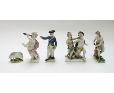 A group of three Meissen  figures and a Meissen model of a sheep, mid 18th century and one further figure, (a.f) 12cm high, (