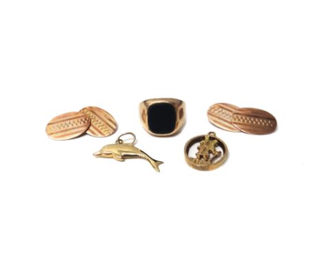 A 9ct gold and bloodstone set signet ring, ring size K and a half, a pair of 9ct gold oval cufflinks, having engine turned de