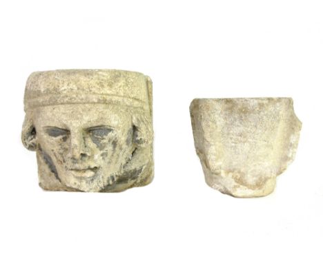 A carved limestone corbel, possibly French with carved portrait terminal (28cm) and a small carved limestone mortar (12cm hig
