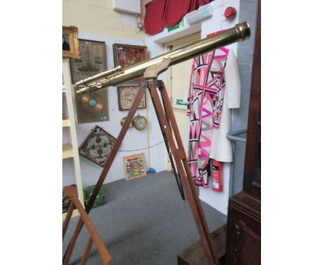 A four inch Broadhurst Clarkson & Co. brass refracting telescope on stand, English, circa 1900, with a fitted pine case, the 