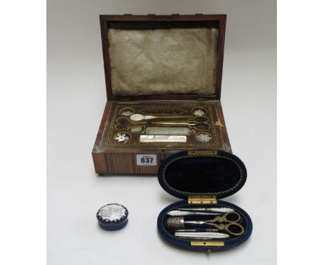 A mid-19th century French sewing box with part silver and steel fitted tools, a 19th century velvet framed sewing necessaire,