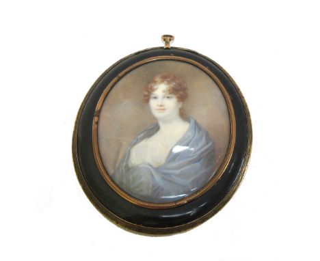 Haverty (19th century European), a portrait miniature on ivory of a Titian haired woman in a blue cloak, signed, 8.2cm high, 