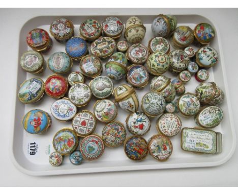 A quantity of enamel trinket boxes; Halcyon days, Bilston and many others including; a 1982 Halcyon Days Prince William Royal