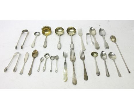 Silver flatware, comprising; three pairs of sugar tongs, a butter knife, six salt and mustard spoons, five further spoons, th