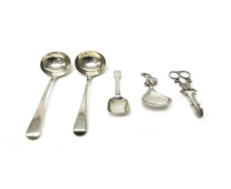 Silver, comprising; a pair of Old English pattern sauce ladles, probably London 1812, a fiddle pattern preserve spoon by Jose