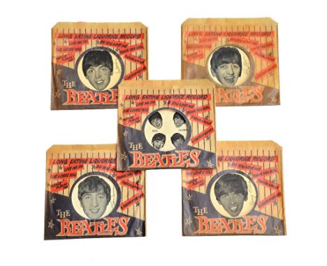 The Beatles; a set of five vintage Liquorice miniature records in paper sleeves, 13cm x 12cm, (5).  Illustrated 