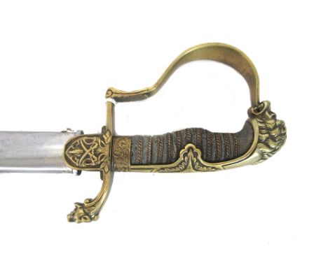 A naval officer's sword with engraved steel blade (74cm long), knuckle bow, wirebound fish skin grip, and a lion's head pomme