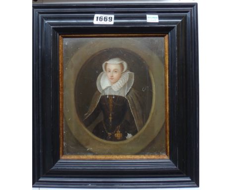 After Nicholas Hilliard, Portrait of Mary, Queen of Scots, oil on panel, in a feigned oval, 19cm x 16cm.