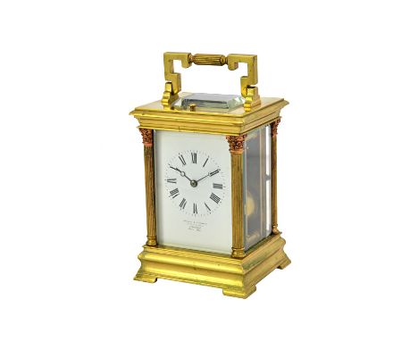 A French hour repeating gilt brass cased carriage clock by E. Maurice & Co, late 19th century, the white enamel dial plate se