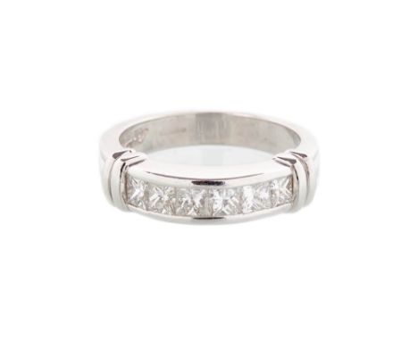 A platinum and diamond six stone half hoop ring, by Scott Kay, mounted with a row of princess cut diamonds, between ridged si