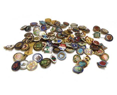 A quantity of brass and enamel badges, mid-20th century, all associated with lawn bowls, from different counties in England (