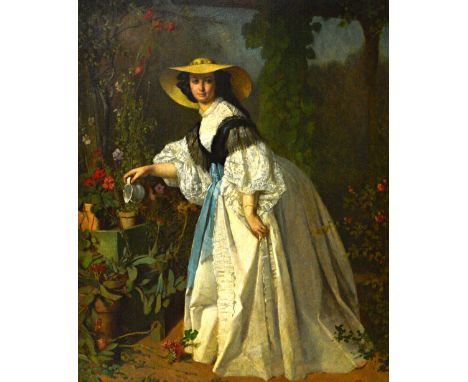 Ferdinand Heilbuth (1826-1889), Portrait of a young lady in a garden, oil on canvas, signed, 70cm x 57cm.  Illustrated