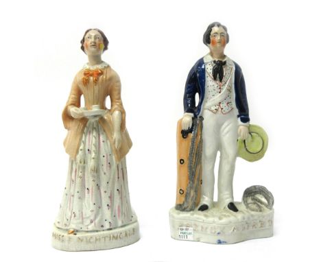 A Staffordshire portrait figure of Miss. F. Nightingale, 19th century, polychrome decorated and modelled holding a tray with 