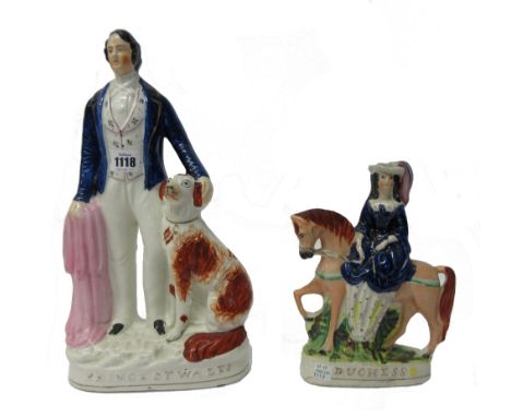 A Staffordshire portrait figure of the Prince of Wales, 19th century, modelled with a blue jacket and hound, on a gilt titled