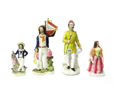 A Staffordshire portrait figure of Eliza Cook, 19th century, polychrome painted on a gilt titled base, 25cm high, another of 