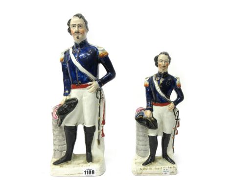 A Staffordshire portrait figure of Louis Napoleon, 19th century, polychrome painted on a titled base, 39cm high, and a smalle