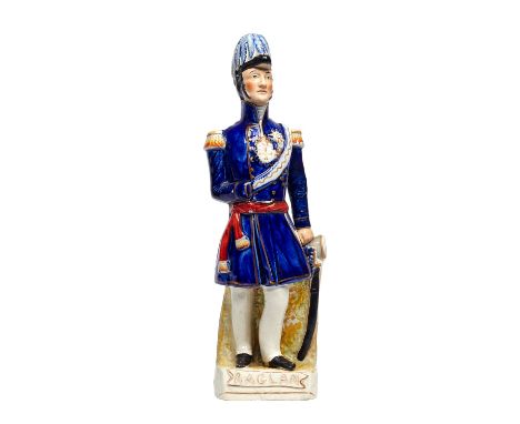 A Staffordshire portrait figure of Field Marshall Lord Raglan, 19th century, polychrome painted on a gilt titled base, 33cm h