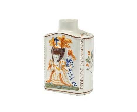 A Pratt ware 'Macaroni' tea caddy, late 18th/early 19th century, relief moulded with figures and polychrome decorated against