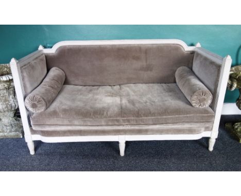 A grey painted Louis XVI style square back sofa, on tapering fluted supports, 170cm wide x 92cm high.