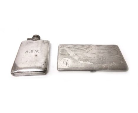 Silver, comprising; a curved rectangular spirit flask initial engraved, Birmingham 1927 and a rectangular cigarette case, dep