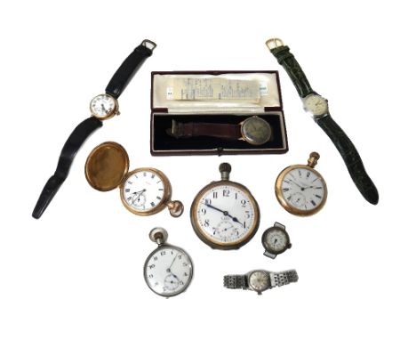A gentleman's 9ct gold, circular cased Trebex wristwatch, with a case, a keyless wind, openfaced base metal cased Goliath wat
