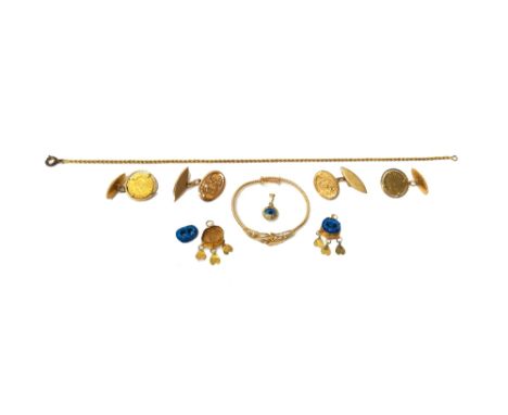 Mostly high grade gold jewellery, comprising; a colourless gem set child's bangle, detailed 21 K, a pair of cufflinks, mounte