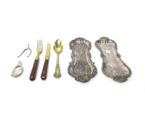 An Austrian silver gilt three piece cutlery set, circa 1834, the knife and the fork fitted with an agate handle, a silver cad