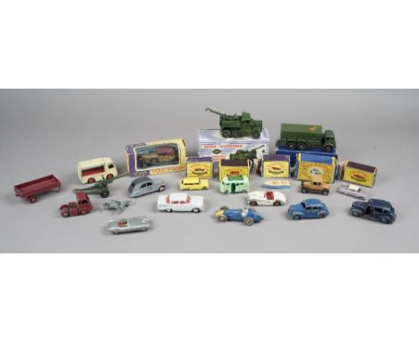 A quantity of die-cast vehicles, including; 661 Dinky recovery tractor, Dinky 622 10 ton army truck, five boxed Matchbox Lesn