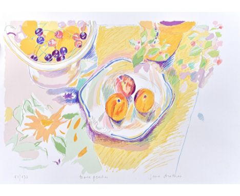 A group of three 20th century prints, including Jane Strother, Three Peaches, colour lithograph; David Meldrum, Chickens and 