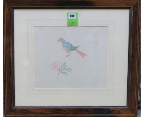 GRETA GARBO:  a sketch of a parrot, a rose, and a flower. pencil and coloured crayon, inscribed by Eileen Hose lower l.h. 'Dr