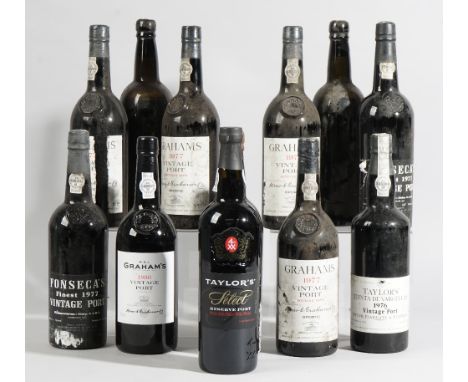 Twelve bottles of port comprising; Four 1977 Grahams Vintage, two 1977 Fonseca's Finest Vintage, 1976 Taylors Quinta de Varge