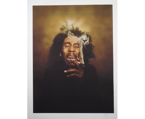 DENNIS MORRIS  (b. 1960)  BOB MARLEY, a large photographic portrait of Bob Marley, entitled 'Spliff', signed by the photograp