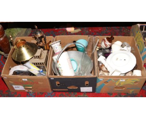 Three boxes of miscellaneous to include brass table lamp, Aynsley, large Caralum ware pan etc. 