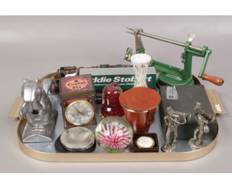 A tray of collectables to include novelty nutcracker, art glass, Sandersons advertising tin etc. 